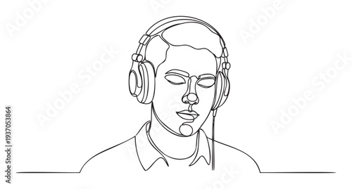 Young man in headphones listening to music intently, a minimalist continuous line drawing perfect for audio product advertising or modern lifestyle presentations