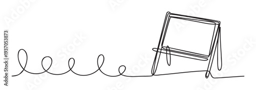 Continuous single line drawing depicting an easel with a blank canvas for presentations and new ventures, excellent for education and business graphics.