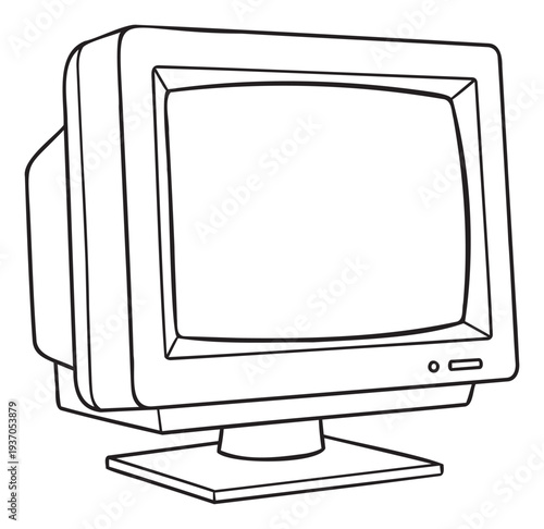 Vintage personal computer monitor black and white line drawing for graphic assets and nostalgic computing themed designs and educational content about classic technology.