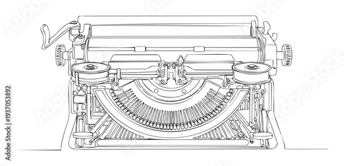 Vintage typewriter technical blueprint showing intricate internal mechanisms, perfect for engineering diagrams, historical presentations, and nostalgic themed graphic prints.