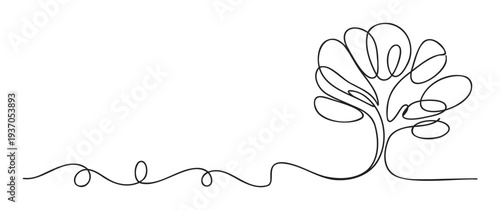Simple continuous line drawing of a flourishing tree representing growth and connection, perfect for ecological themes or minimalist brand identity.