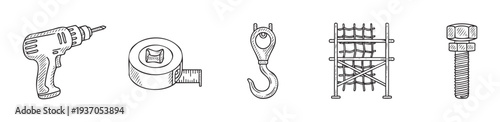 Essential construction and engineering tools including a drill, tape measure, hoist hook, scaffolding, and bolt, perfect for industrial project visuals and home improvement guides.