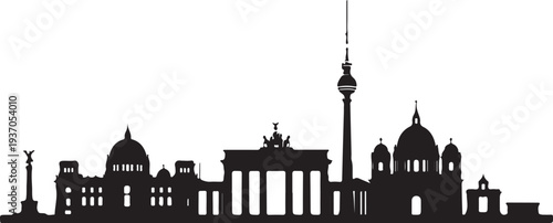 Silhouette of berlin city skyline with famous landmarks and monuments in one panoramic view
