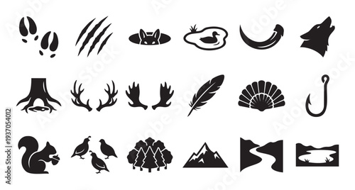 Black silhouette icons featuring wildlife, hunting, fishing, and outdoor adventure elements, ideal for illustrating themes of wilderness, nature exploration, and forest activities.