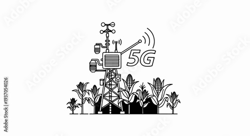 Tower with antennas broadcasts 5G signal over cornfield
