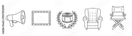 Hand drawn collection of filmmaking and movie industry symbols including a megaphone film reel director chair and armchair perfect for entertainment themed marketing materials and