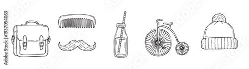 Hand drawn outline sketches of a messenger bag hair comb handlebar mustache bottled drink with straw a classic penny farthing bicycle and a cozy knitted beanie hat perfect for lifestyle