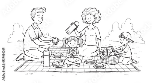 Happy family enjoying an outdoor picnic together on a checkered blanket, perfect for content related to leisure activities, family bonding, and summer fun.