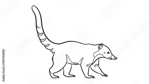 Coati Outline Illustration: A detailed line drawing of a coati, a fascinating mammal known for its long, ringed tail, and unique snout, perfectly captures the animal's distinctive features.