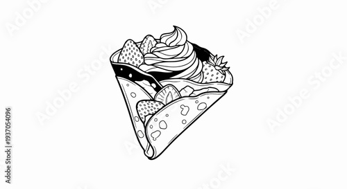 A black and white illustration of a folded crepe filled with whipped cream and strawberries