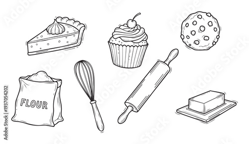 Delightful bakery desserts and essential kitchen tools in a charming hand drawn outline style perfect for culinary blogs and recipe books