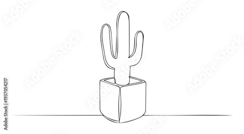A continuous line drawing of a potted cactus with three arms, perfect for modern home decor themes, digital projects, or educational resources related to desert plants.