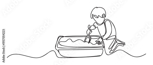 A minimalist continuous line graphic showcasing a curious kid playing with a tub of water and scoop, excellent for childrens books or activity worksheets and educational projects.