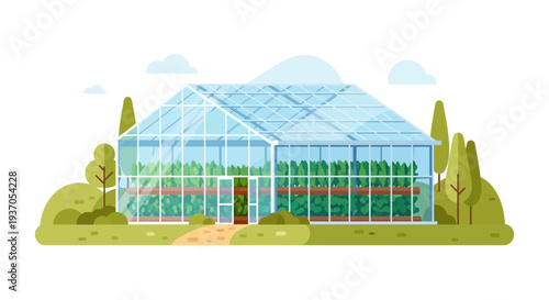 Modern Commercial Greenhouse Building. Flat Vector Illustration of Hydroponic Farm or Hothouse for Agriculture, Isolated on White Background.
