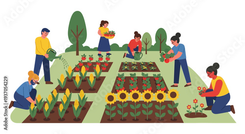 Sustainable Community Gardening: Diverse People Planting, Harvesting, and Working Together in a Vegetable Farm Illustration.