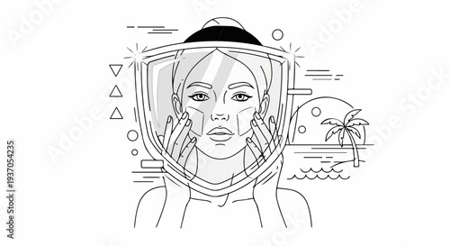 Woman applies facial treatment behind protective shield, beach scene background