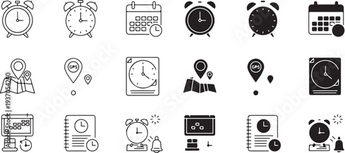 Time and location scheduling icon set with clocks, maps and calendar symbols. Thin line vector illustrations with editable stroke isolated for planning and appointment concepts.eps