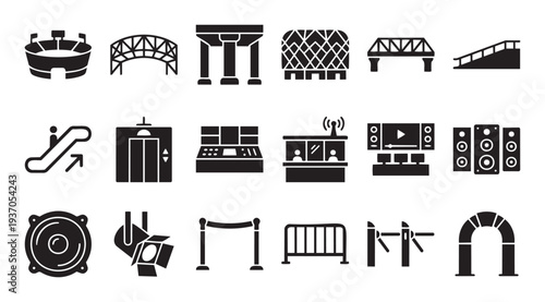 Comprehensive iconographic representation of modern infrastructure and event facilities, including stadiums, bridges, elevators, sound systems, and crowd control elements, ideal for