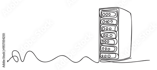 Minimalist continuous line drawing depicting a modern server rack with multiple storage compartments connected by a dynamic wavy stroke, ideal for technology presentations and digital