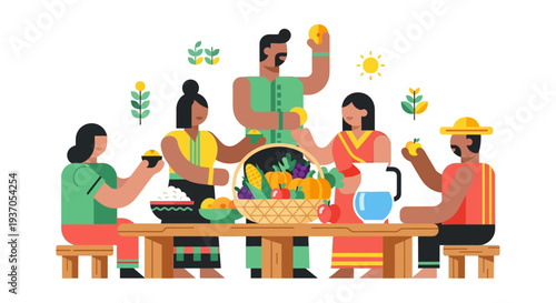 Diverse Community Celebrating Bountiful Harvest: People Sharing Food and Fruits Around a Table. Flat Vector Illustration.