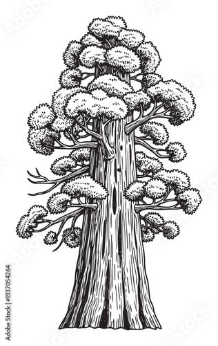 Strong majestic tree with dense foliage and textured bark drawn in a classic woodcut style perfect for nature themed publications and ecofriendly brand promotions