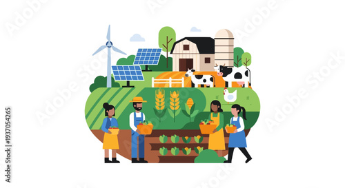 Sustainable Farming Illustration: Farmers, Solar Energy, and Wind Turbine on a Modern Eco-Friendly Farm Concept