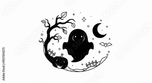 Whimsical black ghost floats near moon, bat, and spooky tree