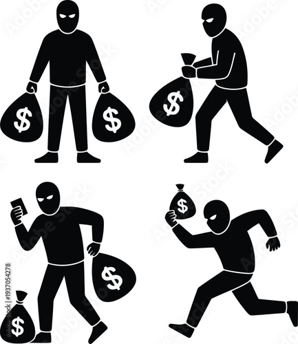 Masked robbers carrying money infographic illustration.