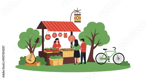 Farmers Market Stall Illustration. Couple Buying Fresh Produce from Female Vendor Outdoors. Vector graphic of local commerce, sustainable shopping, and community activity.