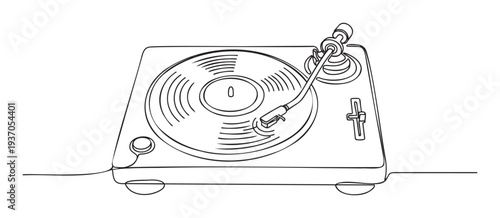 Sophisticated single continuous line drawing of a classic record player with a vinyl album playing perfect for music enthusiast websites or vintage sound system advertisements