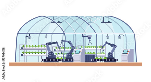Automated Vertical Farming Greenhouse. Robotics Technology Harvesting Plants in Hydroponic System. Smart Agriculture and Future Food Vector.