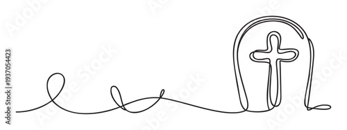 A minimalist continuous line drawing depicting a grave with a cross symbol, suitable for religious mourning, remembrance, or deathrelated themes in print and digital media.