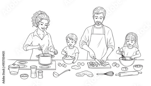 A happy family including parents and their two children enjoying a fun cooking activity together in the kitchen learning to prepare meals, perfect for childrens books and educational