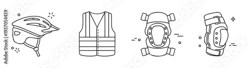 Essential personal protective equipment line icons featuring a cycling helmet high visibility vest knee pad and elbow pad perfect for illustrating safety guidelines and sporting goods