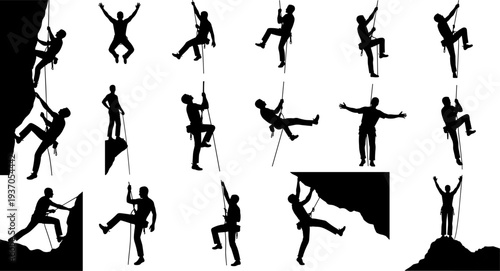 Rock climbing silhouettes set with climbers rappelling ascending and mountaineering adventure poses collection, flat vector illustration