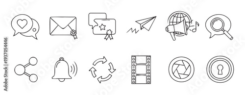 Essential communication and multimedia line symbols pack featuring chat, messaging, global promotion, search, sharing, alerts, video, and security icons for web applications