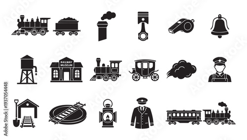 Black silhouette icons of vintage railway and steam train transportation elements, ideal for historical travel themes, graphic design projects, and educational materials.