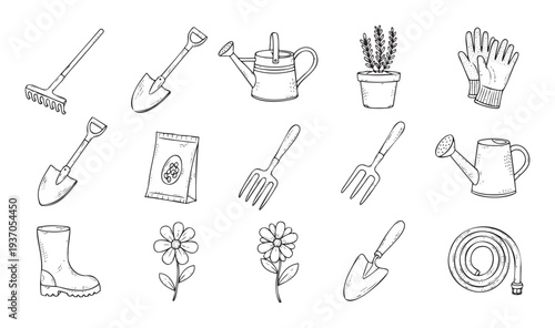 Sketchy style garden implements and planting supplies for cultivating and outdoor landscaping projects perfect for horticultural education or spring seasonal activities.