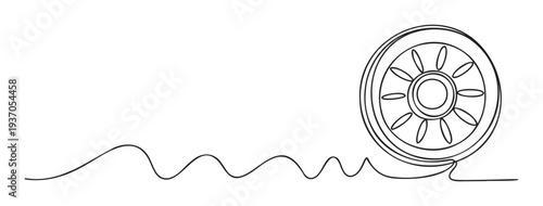 Single line drawing depicting a symbolic ship wheel linked by a continuous wavy road, perfect for illustrating concepts of guidance, progress, or marine adventure in contemporary brand