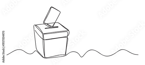 Minimalist one line art of a ballot box receiving a vote, representing the electoral process and citizen duty, perfect for government and news media