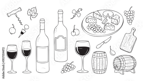 Handdrawn collection of wine and cheese essentials featuring bottles, glasses, barrels, a cheese platter, grapes, and accessories, suitable for menus, winery branding, or food graphics.