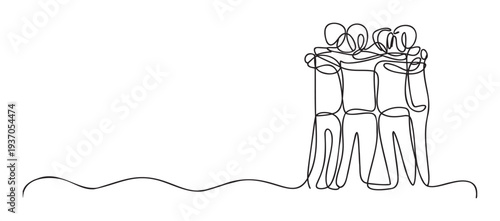 Continuous line drawing of four abstract figures hugging each other representing friendship and teamwork, ideal for business presentations, social media, and educational materials