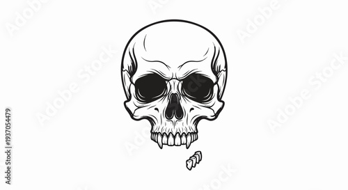 Stylized human skull with empty sockets and falling teeth