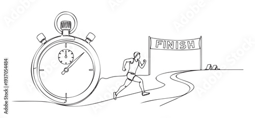 Dynamic single line drawing depicting a runner approaching a finish line under the watchful eye of a stopwatch, ideal for illustrating concepts of competition, timing, and personal