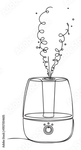Modern ultrasonic humidifier emitting a stylized vapor stream for air purification and home comfort product promotion or wellness industry applications