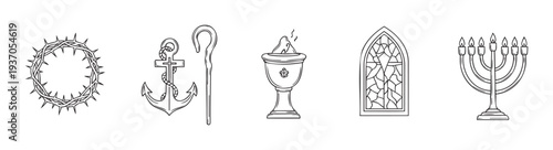 Collection of religious symbols featuring a crown of thorns, anchor with cross, shepherds crook, censer, gothic stained glass window, and menorah for spiritual and faithbased graphic