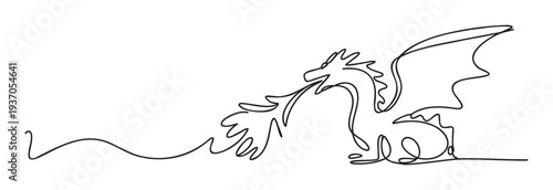 Continuous line drawing of a powerful mythical fire breathing dragon with elegant wings, symbolizing legend and strength, ideal for branding, logos, or mystical presentations