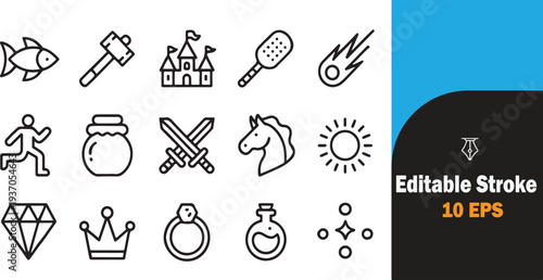 Set of twelve simple line icons featuring fantasy adventure and medieval elements isolated on transparent background