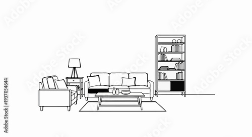 A line drawing of a living room with sofa, chair, table, lamp, and bookshelf