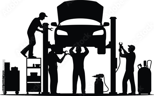 Auto repair service silhouette, mechanics fixing car on lift with tools equipment, automotive maintenance garage workshop illustration concept